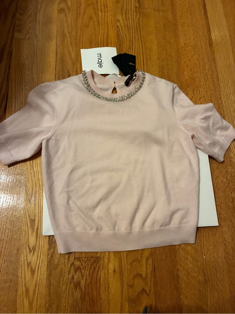 Maje Pale Pink Short-Sleeve Knit Top with Crystal Collar